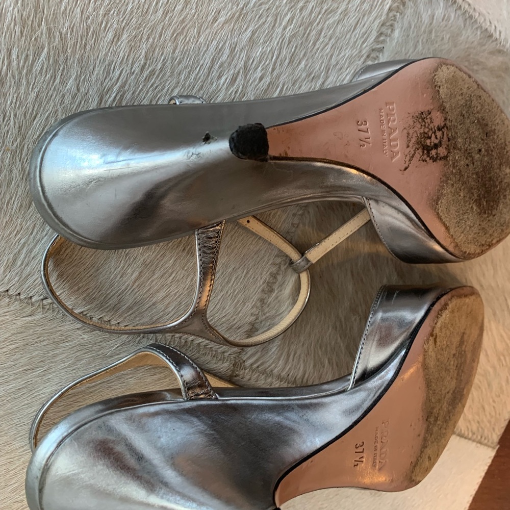 Prada peep toe Mary Jane metallic wedge sandals - Picture 8 of 8